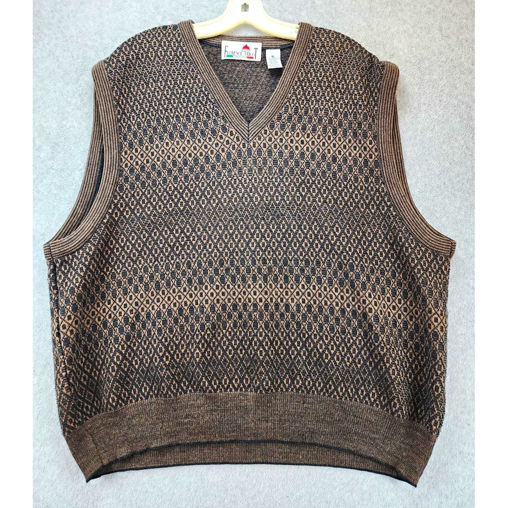 Florence Tricot Mens XL Brown Black Geometric Knit V-Neck Sweater Vest Wool